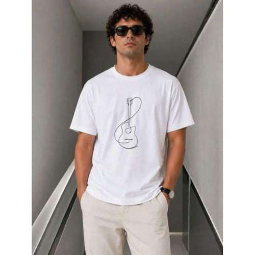 Erkek Minimal Gitar Baskılı Tişört T-Shirt Yazlık Kısa Kol Bisiklet Yaka T-Shirt - Beyaz