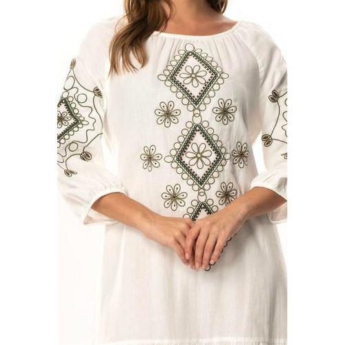 Yarım Kol Vual Yeşim Kemer Detaylı Nakışlı Kısa Yazlık Elbise Beyaz Byz