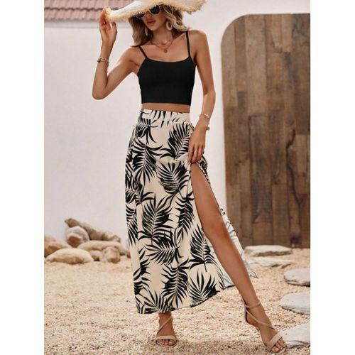 Kadın Ip Askılı Yuvarlak Yaka Kısa Viskon Bluz Ve Desenli Yırtmaçlı Süprem Etek Ikili Takım