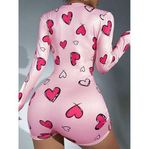 Pamuklu Pembe Kalp Desenli Düğmeli Uzun Kol Tulum Pijama