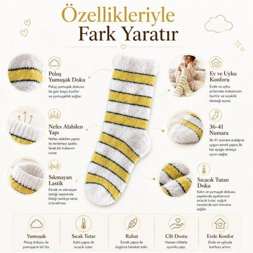 Peluş Çizgili Kadın Uyku Çorabı 36-40 Yumuşak Sıcak Tutan Sıkmayan Ev Çorabı Sarı Beyaz