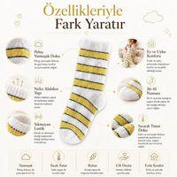 Peluş Çizgili Kadın Uyku Çorabı 36-40 Yumuşak Sıcak Tutan Sıkmayan Ev Çorabı Sarı Beyaz