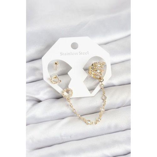 Uzay Model Pirinç Gold Renk Zincir Bağlantılı Ear Cuff Küpe Seti