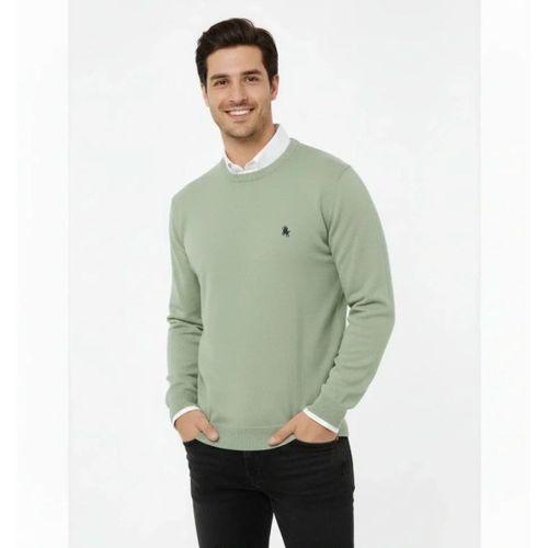 Erkek Bisiklet Yaka Nakış Işlemeli Triko Kazak Yumuşak Dokulu Pamuklu Ince Dokuma, Uzun Kollu Rahat Regular Kalıp - Mint Yeşili