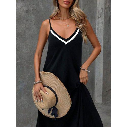 Kadın Ip Askılı V şerit Yakalı Uzun Viskon Elbise