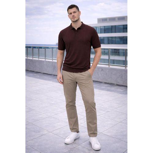 Çizgili V Yaka İnce Triko Oversize Relaxed Fit Polo Yaka Erkek T-Shirt - Kahve