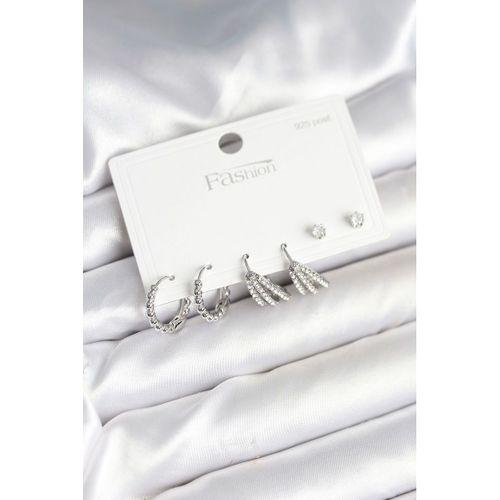 Pirinç Gümüş Renk Zirkon Taşlı 925 Gümüş Çivili Kadın Küpe Seti