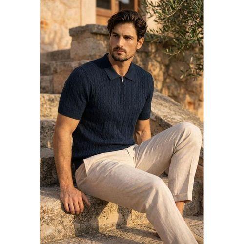 Burke Saç Örgü Yarım Fermuarlı Kısa Kollu İnce Triko Erkek T-Shirt - Lacivert