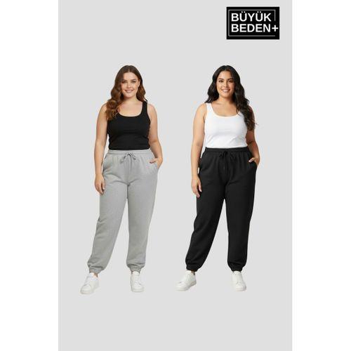 Kadın Büyük Beden İkili Jogger Paça Lastikli İnce Eşofman Altı Seti SPR26BEA951+2