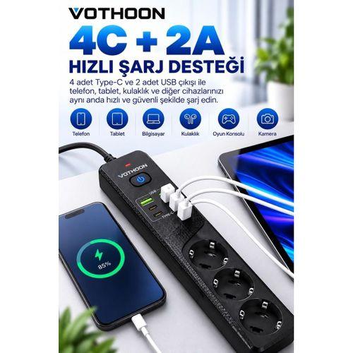 4’lü Akım Korumalı Çoklu Priz 4 Type-c 2 Usb Girişli 4.2a Hızlı Şarj Destekli Priz 3000w