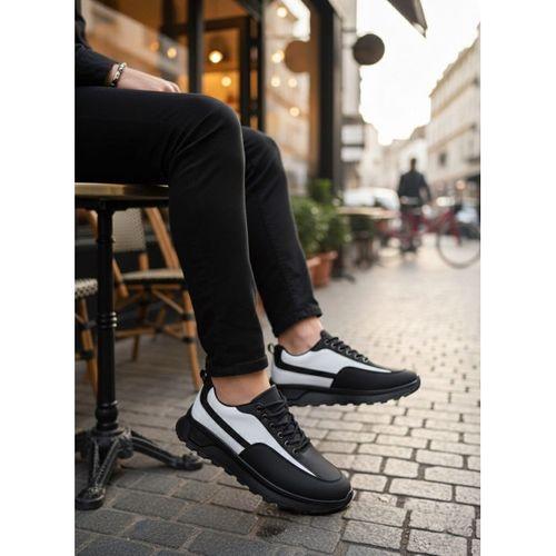 BA0246 Siyah Beyaz Parçalı Bağcıklı Yüksek Taban Günlük Erkek Ayakkabı