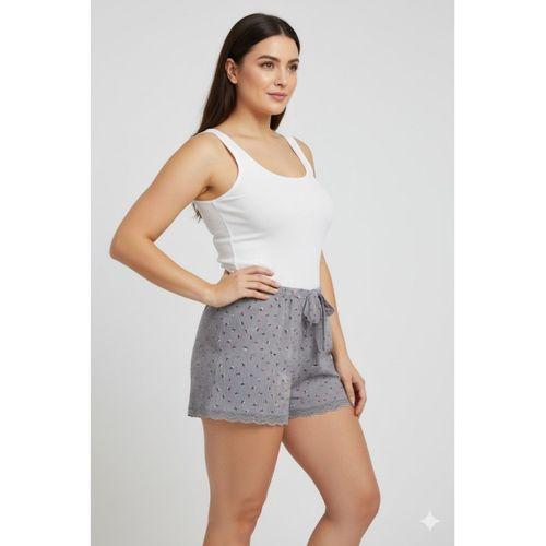 Düz Renk Mini Çiçek Desenli Penye Kadın Ev Şortu Bacak Dantel Detaylı Ev Giyim Gri