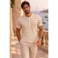 Kristof Pike Kumaş Regular Fit Düğmeli Yaka Kendinden Çizgili T-Shirt - Ekru