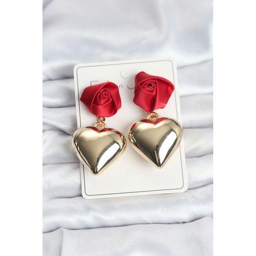 Pirinç Gold Kalpli Kırmızı Gül Model Kadın Küpe