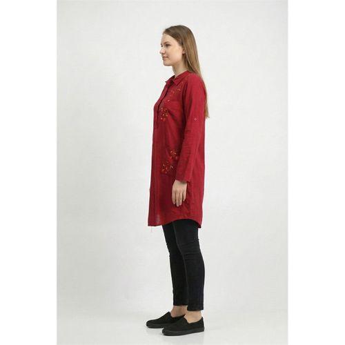 Uzun Kol Sevim Düğmeli Klasik Yaka Çift Cepli Şile Bezi Nakışlı Tunik Bordo Brd