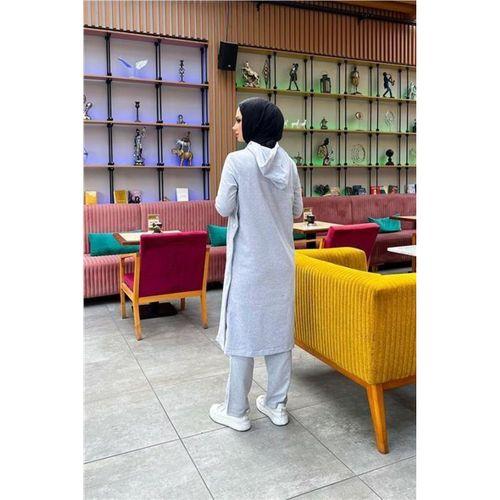 Kapşonlu Yandat Çıtçıtlı Sade Basic Uzun Tunik ve Pantolon İkili Spor Takım - 03071.008 - Gri