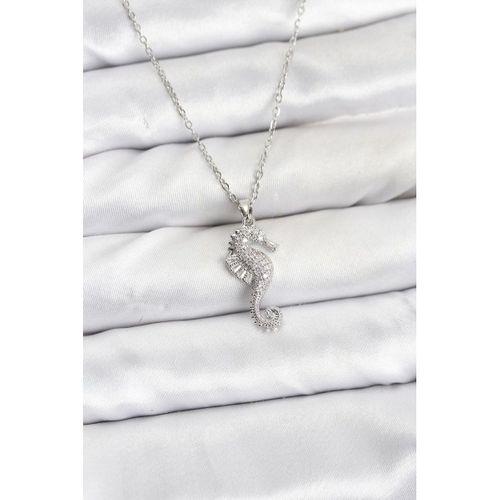 316L Çelik Zincir Gümüş Renk Deniz Atı Model Zirkon Taşlı Kadın Kolye
