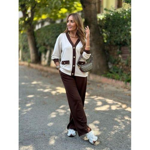 Kadın Uzun Kollu Ribanali Cep Detay Hırka Ve Bol Paça Pantolon Ikili Takım