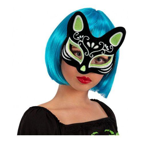 Siyah Süet Kaplama Gümüş Yeşil Simli Kedi Maskesi