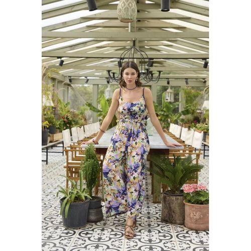 Çiçek Ve Yaprak Desenli İp Askılı Tulum