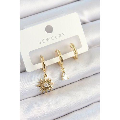 Pirinç Zirkon Taşlı Güneş Model Gold Renk 3'lü Çift Kadın Küpe Set