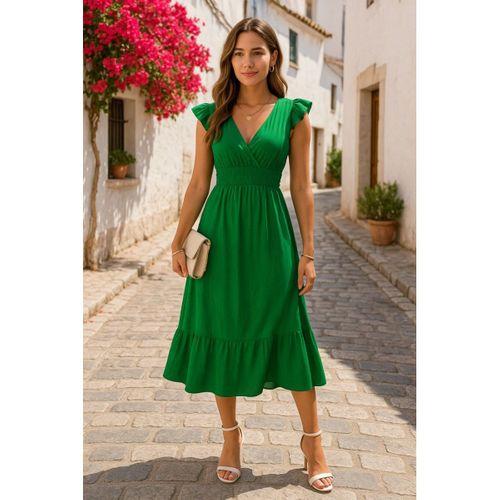 Kadın Kısa Kollu Kruvaze Yakalı Beli Lastikli Müslim Elbise