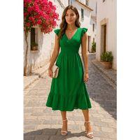 Kadın Kısa Kollu Kruvaze Yakalı Beli Lastikli Müslim Elbise