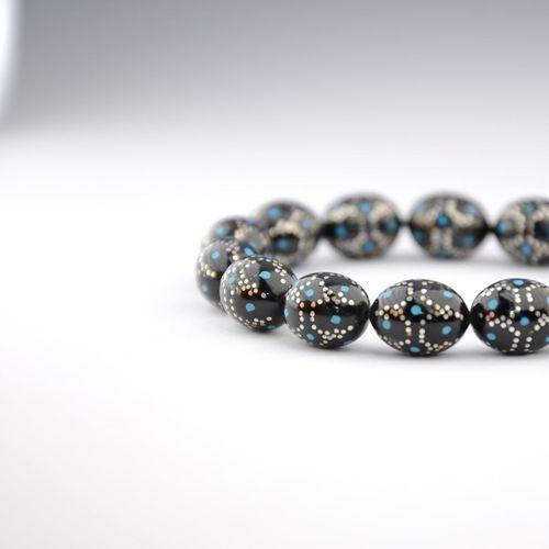 Kule Model Mavi Mine ve Gümüş İşlemeli Oltu Sıkması Tespih