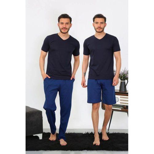 Erkek Penye 3'lü Lacivert V Yaka Pijama Takımı
