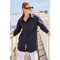 20217 Cep Detaylı Çizgili Oversize Gömlek - Siyah