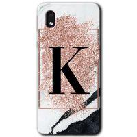 Samsung Galaxy A01 Core Kılıf Baskılı Kapak - Pembe Mermer Desenli K Harfi +Tam Kaplayan Mat Seramik