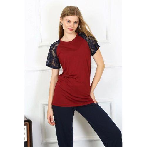 Kadın Kolu Dantelli Penye Pijama Takım Bordo