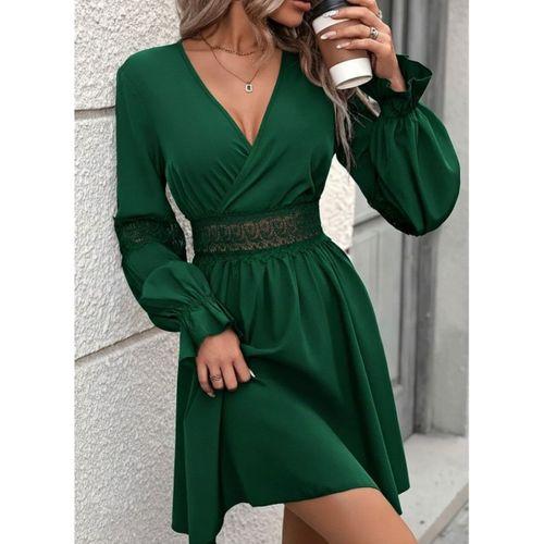 Kadın Uzun Kollu Kruvaze Yakalı Dantelli Fermuar Detaylı Mini Ithal Krep Elbise