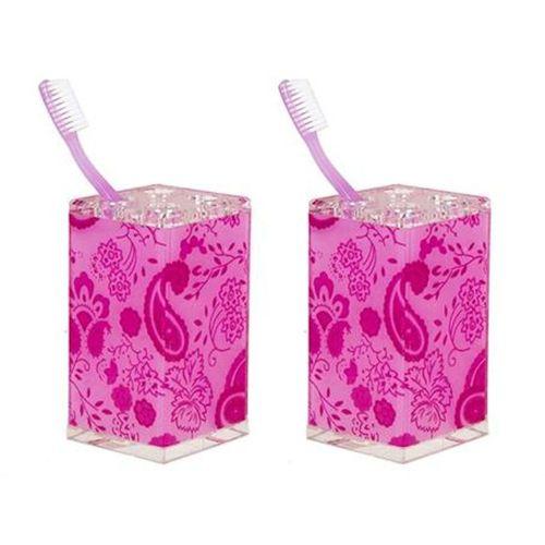 2 Adet Diş Fırçalık Pembe Çiçekli Akrilik 6X6X12Cm Banyo Seti