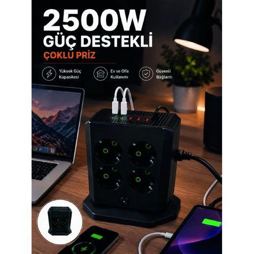 Çoklu Priz 8 Çıkışlı 4 Usb 2 Type-c Anahtarlı Dikey Priz Kulesi