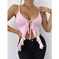 Pembe İnce Askılı Önden Bağlamalı Fırfır Detaylı Crop