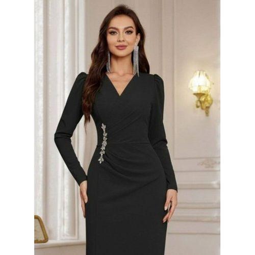 Kadın Uzun Kollu Kruvaze Yakalı Yanları Taşlı Yırtmaçlı Uzun Ithal Krep Elbise