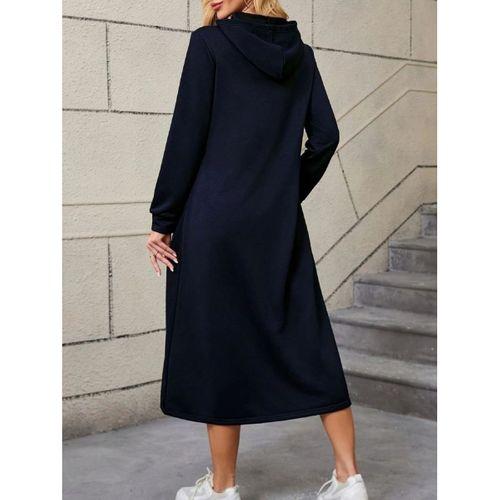 Kadın Uzun Kollu Kapşonlu Cep Detaylı Viskon Iki Iplik Maxi Elbise