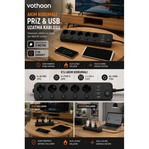 Akım Korumalı 5’li Priz 2xusb 2xtype-c Çıkış Akım Koruma Çoklu Priz Çoğaltıcı Anahtarlı Ftr-31 Siyah
