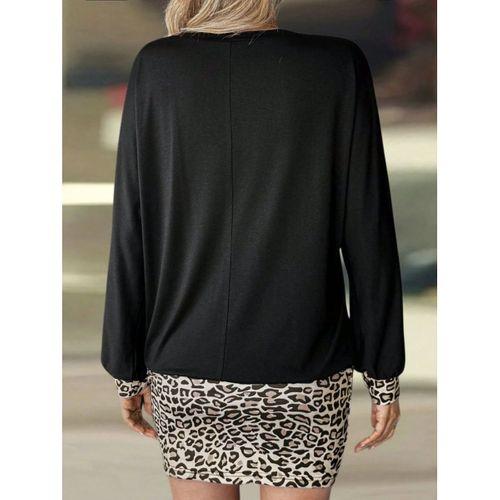 Kadın Uzun Kollu Bisiklet Yaka üst Viskon Iki Iplik Alt Leopar Desenli Mini Elbise