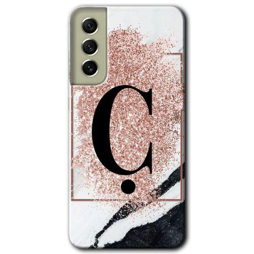 MRCİLETİSİM Samsung Galaxy S21 FE Kılıf Baskılı Kapak - Pembe Mermer Desenli Ç Harfi +Tam Ekran Koruyucu