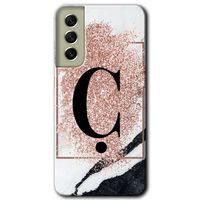 MRCİLETİSİM Samsung Galaxy S21 FE Kılıf Baskılı Kapak - Pembe Mermer Desenli Ç Harfi +Tam Ekran Koruyucu