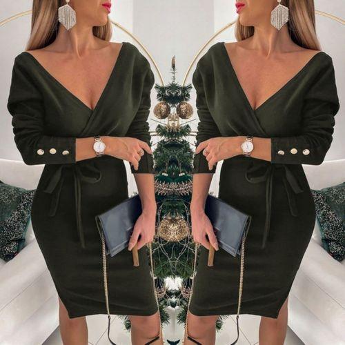 Kadın Uzun Kollu Kruvaze Yaka Bağcık Detay Akrilik Mini Boy Elbise