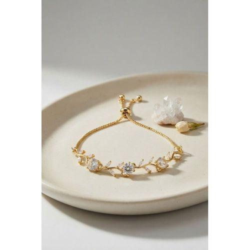 Gold Renk Zirkon Taşlı Pirinç Sarmaşık Çiçek Model Asansörlü Bileklik