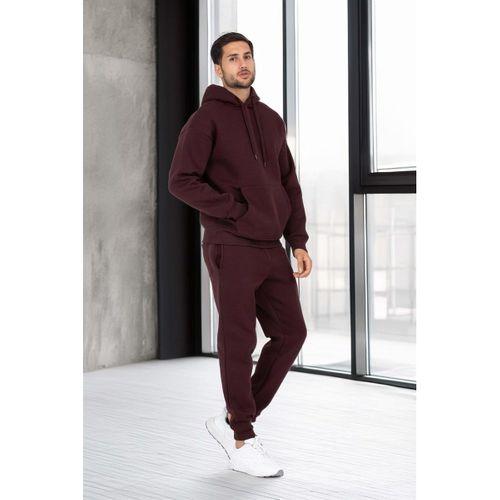Şardonlu Kanguru Cepli Sweatshirt - 3 İplik Şardonlu Lastik Paça Erkek Eşofman Altı- Eşofman Takımı - Bordo