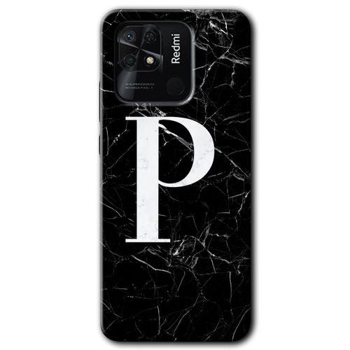 Xiaomi Redmi 10C Kılıf HD Desen Baskılı Arka Kapak + Temperli Cam - Siyah Mermer Desenli P Harfi