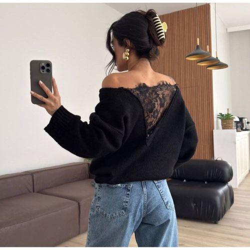 Kadın Sırtı Dantel Transparan Detay Triko Kazak