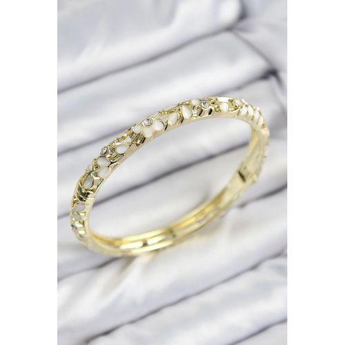 Mineli Pirinç Zirkon Taşlı Beyaz Çiçek Motifli Gold Kadın Kelepçe
