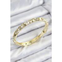 Mineli Pirinç Zirkon Taşlı Beyaz Çiçek Motifli Gold Kadın Kelepçe
