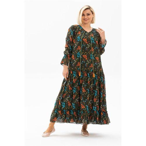 Uzun Kol Vual Gonca Uzun Yazlık Elbise Gelincik Desen Yeşil 6161